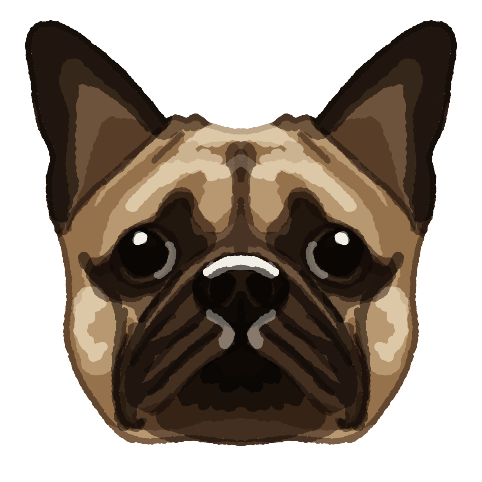 a front facing french bulldog. it is symmetrical and has tan and black fur with shading and highlights.